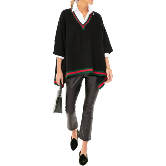 Tuckernuck Sweaters - Tuckernuck Camden V-Neck Stripe Trim Soft Poncho Sweater Cape Black One Size